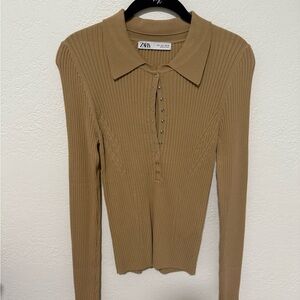 Zara Women's Button Down Tan Ribbed Shirt